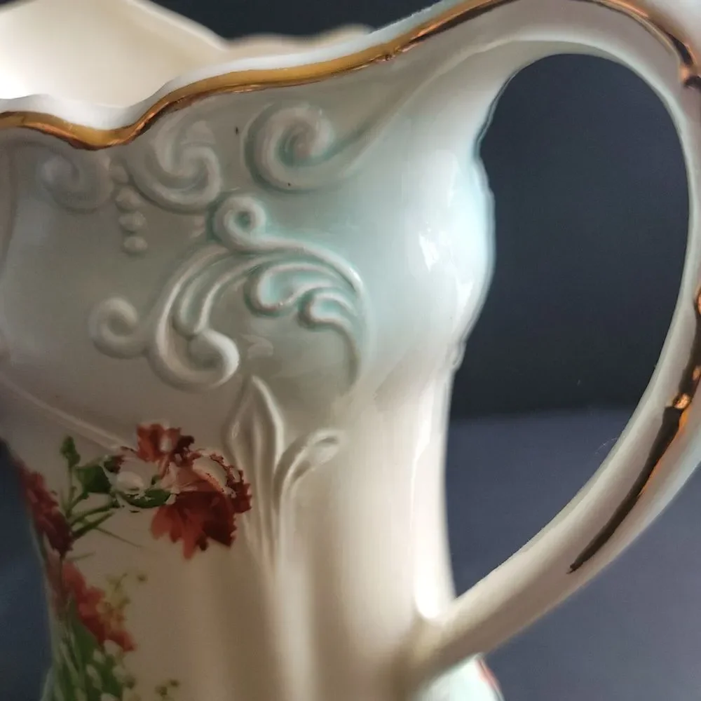 Vtg Pitcher Grandma Core Pitcher Vase Signed RS Prussia Gold Blue 9